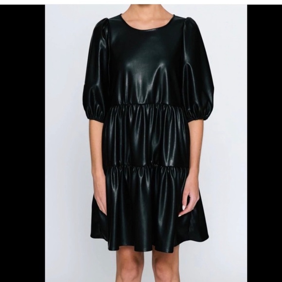 Calista Faux Leather Black Dress - Picture 4 of 11